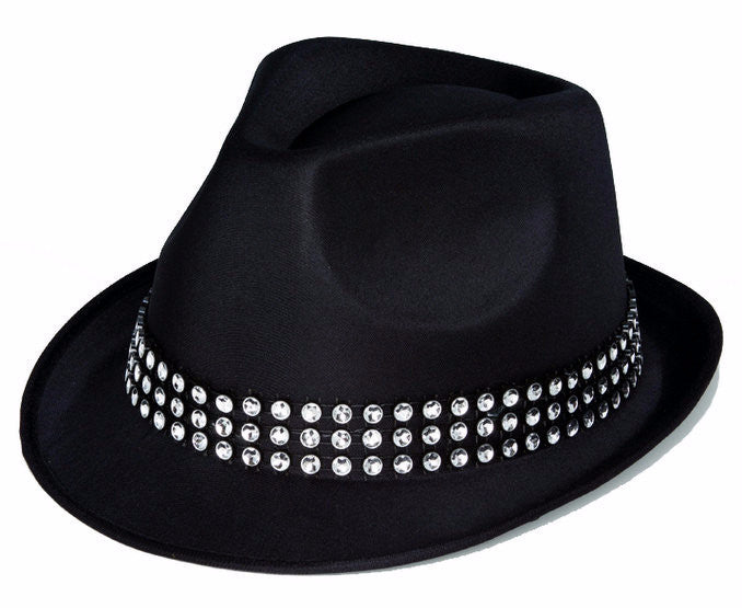 Black Satin Fedora Hat with Rhinestone Band
