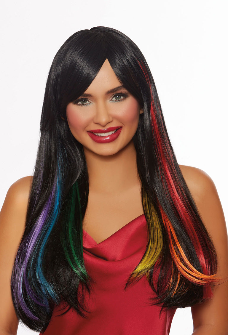 Long Primary Rainbow Black Wig