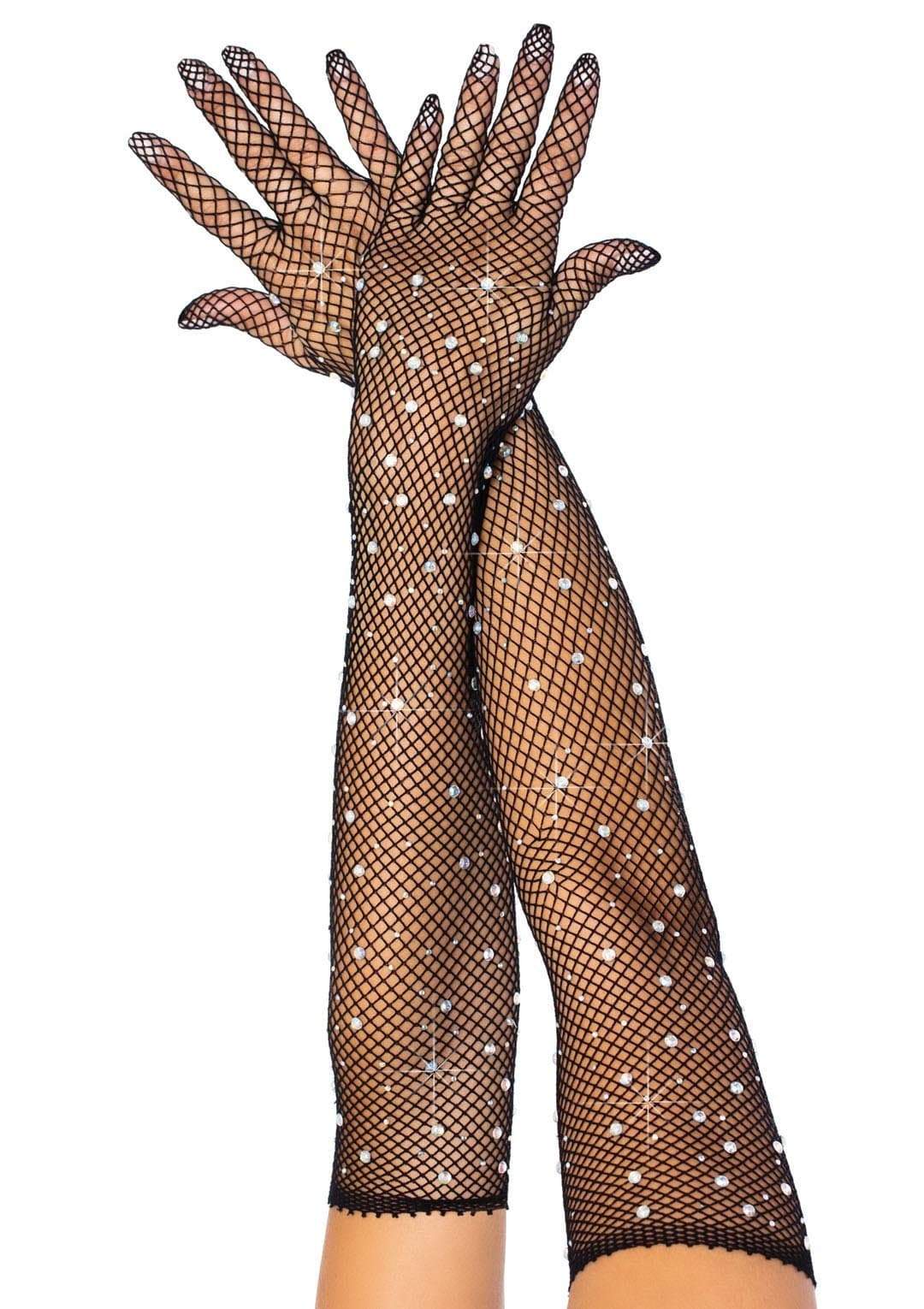 Rhinestone Fishnet Opera Length Gloves Black