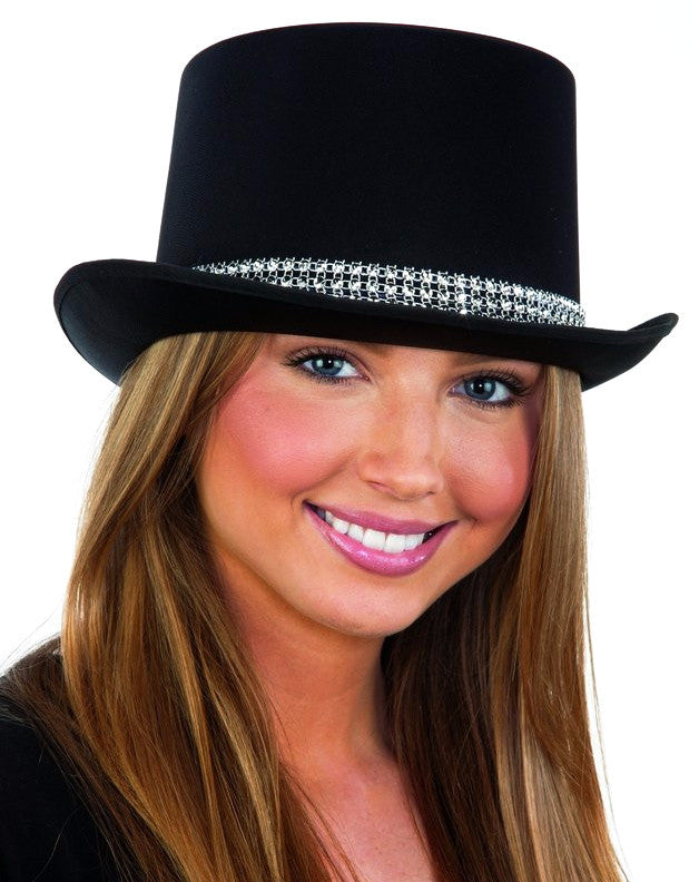 Black Satin Top Hat with Rhinestone Band