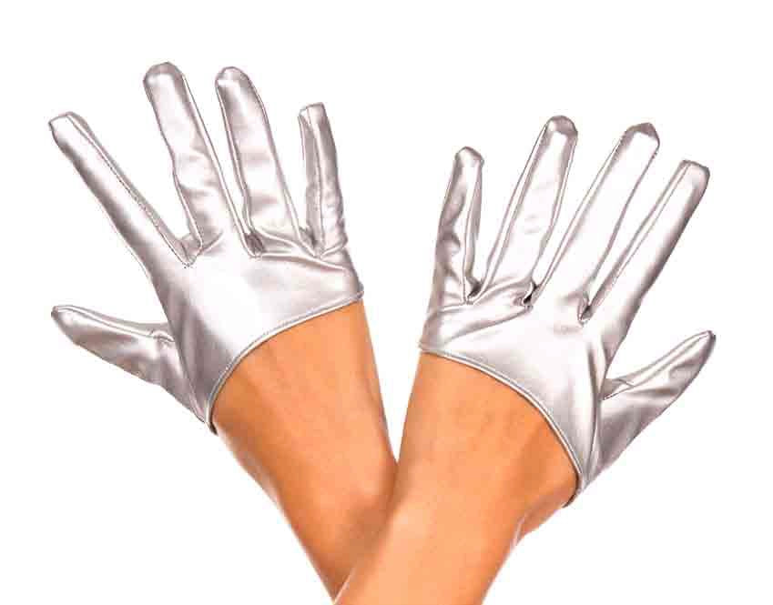 Short Wet Look Gloves Silver