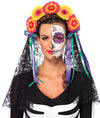 Day Of The Dead Flower Head Piece with Lace Veil