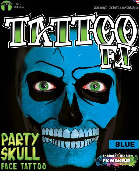 FX Party Skull Face Tattoo Blue
